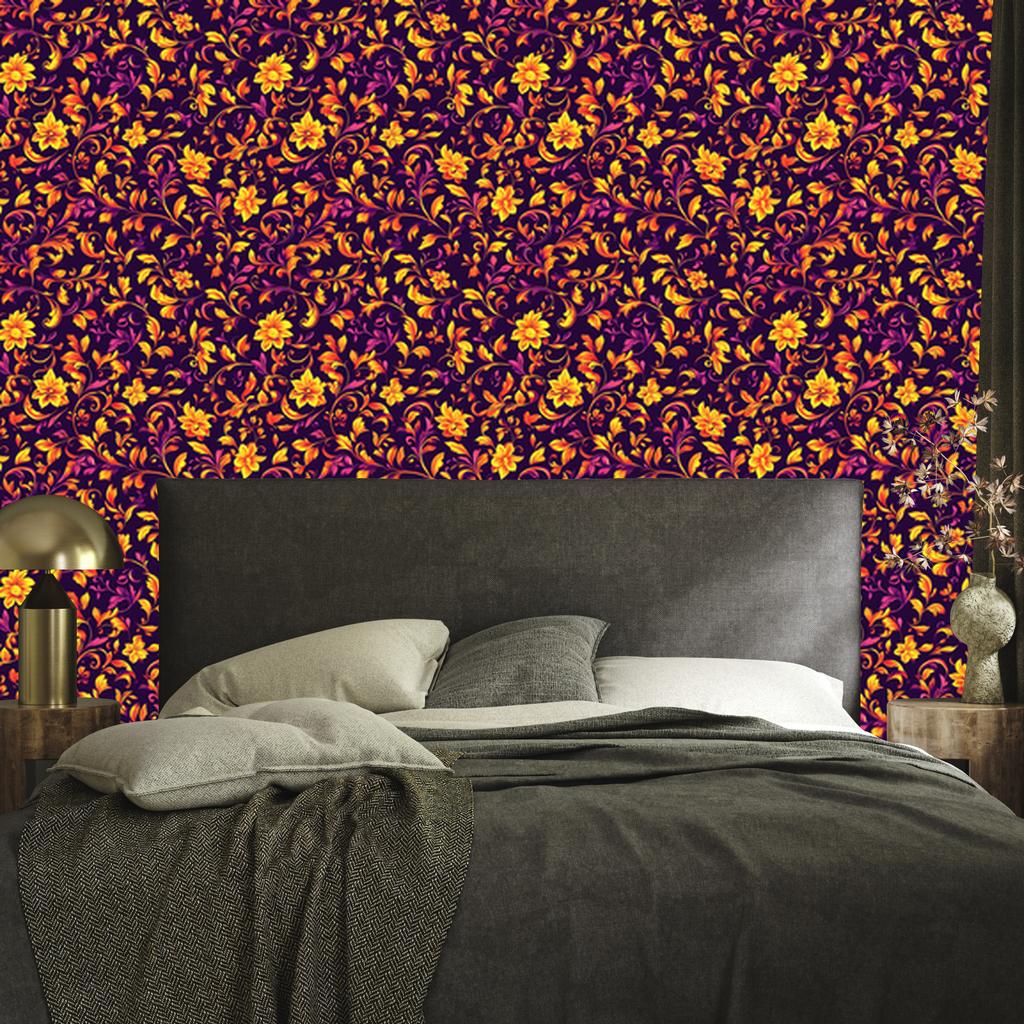 Intricate floral pattern wallpaper in plum, burgundy and red 50x1000