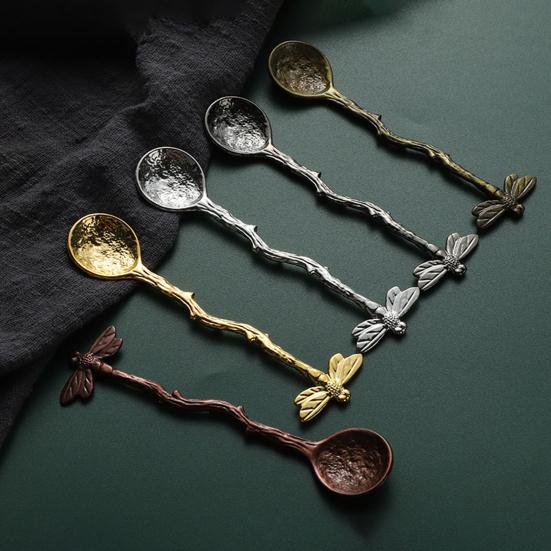 Кофейная ложка Термостойкость Длинная ручка Удобная ручка Нержавеющая Нескользящая Стрекоза Ретро Стиль Совок для десерта Кухонный гаджет