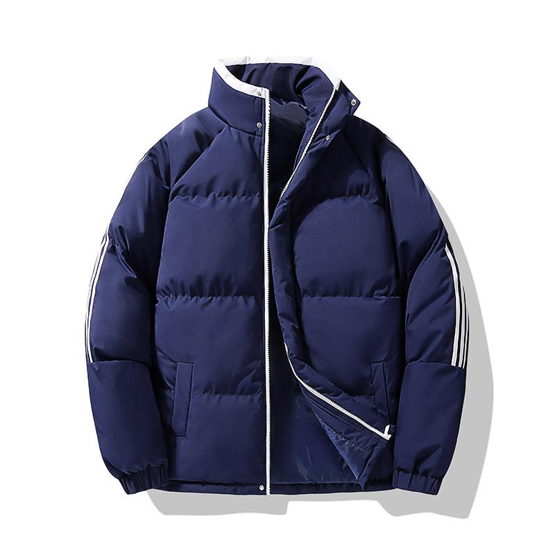 2024 зима новый однотонный ленивый воротник-стойка хлопковая одежда утолщенная теплая куртка три полоски студенческая хлопковая подкладка одежда