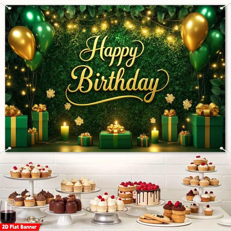 2D Greenery Gold Birthday Backdrop Elegant Green Wall Background for Birthday Party