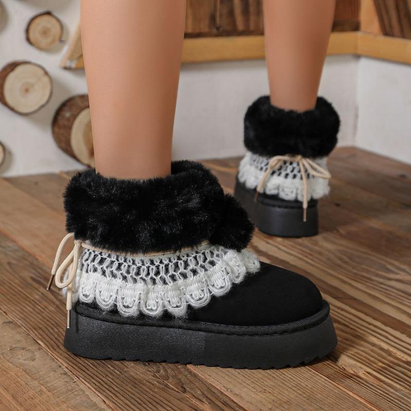 Women's Size Fleece Thickened Winter Fluffy Warm Cotton Shoes Thickened Fleece Thick-soled Snow Boots Lace