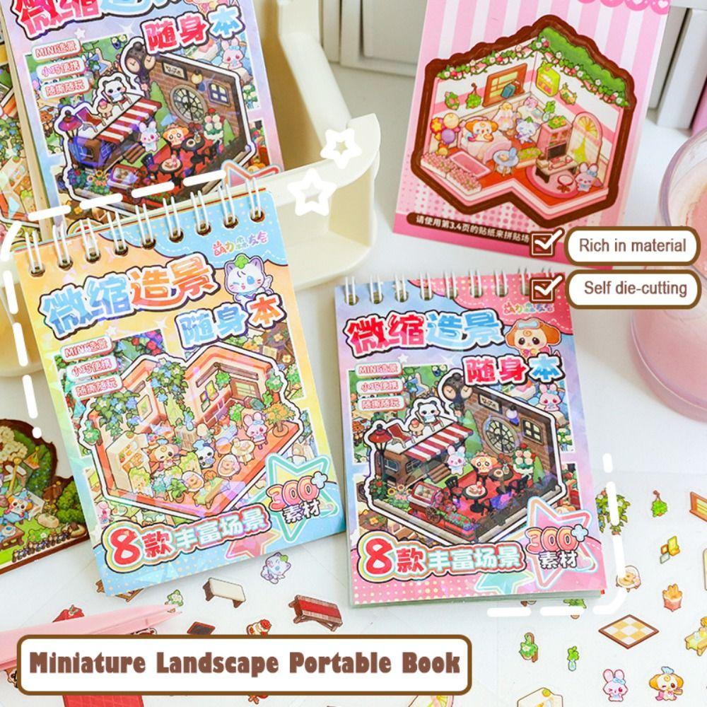 Creative Cartoon Mini 3D Landscape Sticker Book PET DIY Sticker Cabin Scene Miniature House Cabin Scene Pocket Sticker for Kids