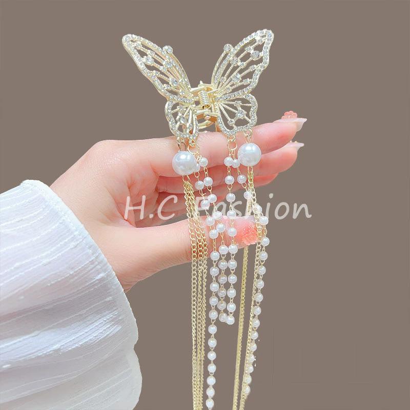 Tassel Butterfly Pearl Hair Clip Women Hair Claw Hairpin Hair Crab Hairaccessory