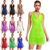 Women Latin Dance Costume Halter Neck Jumpsuit with Rhinestones Multi-Layered Fringe Strappy Back S-3XL Leotard