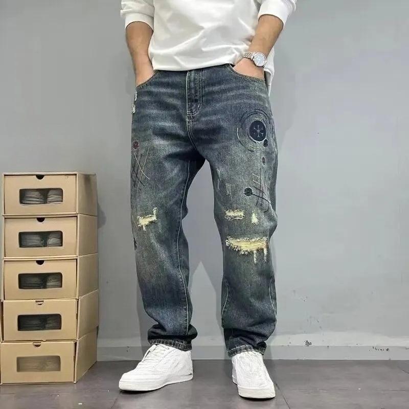 Джинсы Мужская Одежда Брюки Homme Эластичные Прямые Свободные Брюки Джинсовые Плюс Джинсы Рваные Брюки Модные Брюки