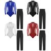 Mens Latin Dance Costume Mock Neck Long Sleeve Shiny Rhinestones Mesh Leotard Bodysuit High Waist Pants Chacha Set