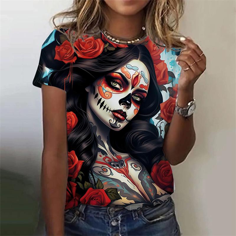 Summer Round Neck 3D Skull Printed Top Fashionable Casual Short Sleeved Women's T-shirts
