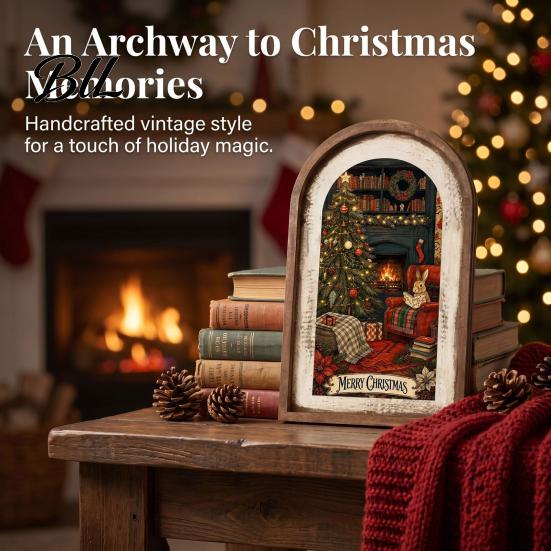 Rustic Christmas Wall Decor Wooden Decoration, Vintage Arched Window Frame Desktop Holiday Decor, Winter Xmas Party Table Sign
