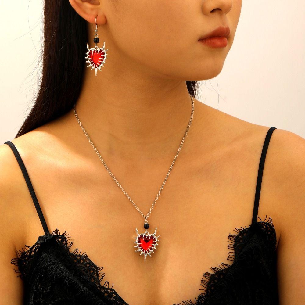 Zinc Zinc Alloy Thorn Love Pendant Necklace Luxury Dangle Earrings Set Black Necklace Earring Set Club