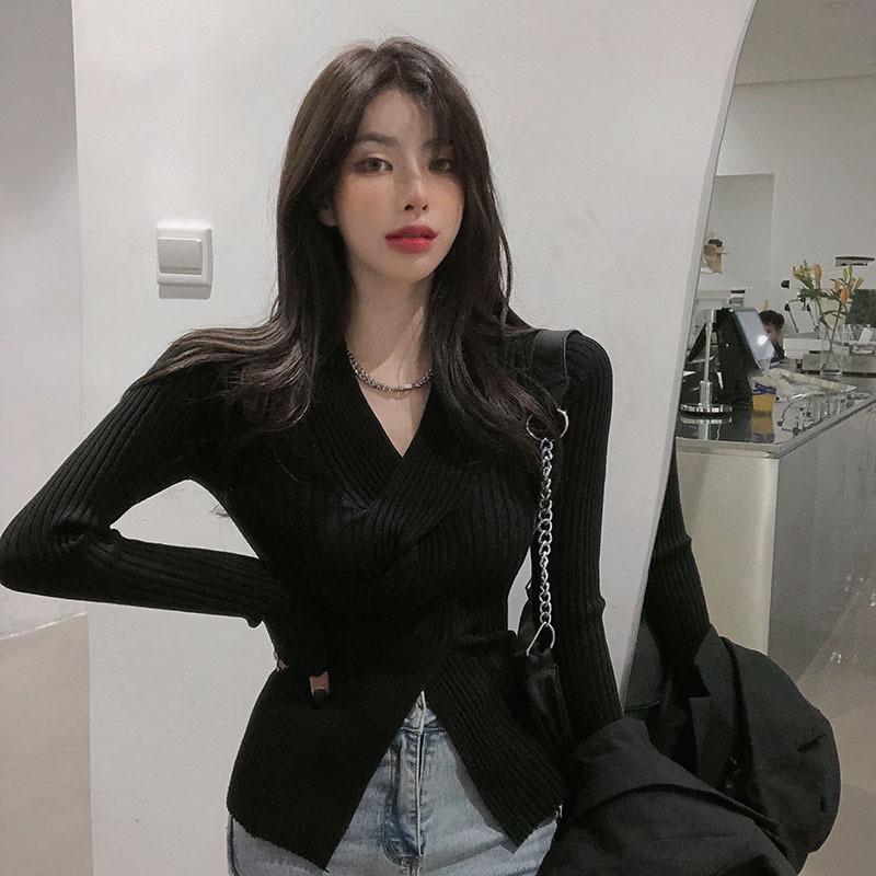 Женский вязаный нижний свитер Весна Осень V-образным вырезом сплошной цвет с длинным рукавом Дизайн Крест