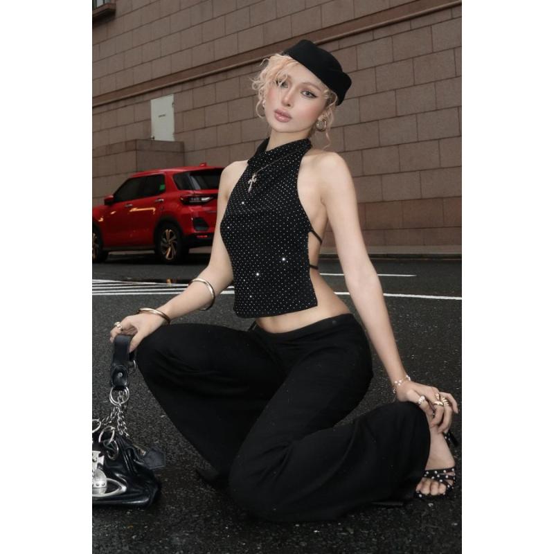 Женский укороченный топ с вырезом-халтер, без рукавов, с открытой спиной, украшенный стразами, блестящий, для вечеринки, клуба