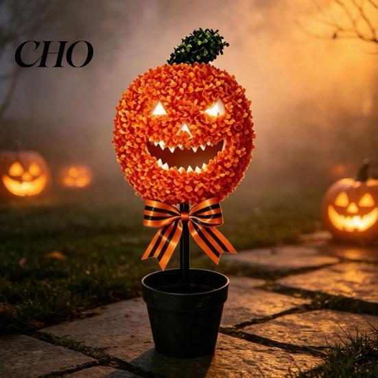 Autumn Seasonal Home Decor Artificial Pumpkin Topiary Tree, Halloween Face Faux Boxwood Plants with Stake, Indoor Party Props Fall Thanksgiving