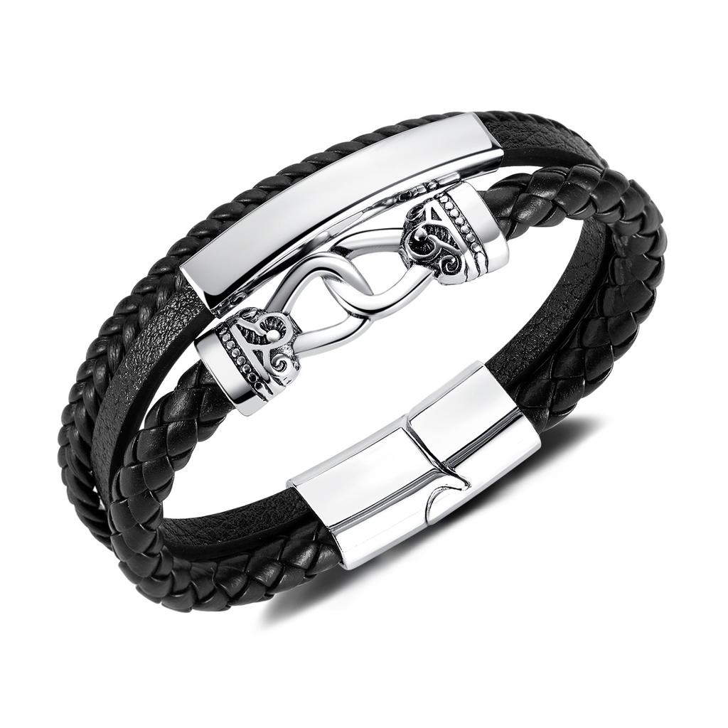 Stainless Steel Interlocking Personalized Woven Multi -Layer Leather Bracelet For Men