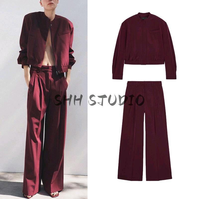 Spring New Women's Clothing Round Neck Long Sleeves Pilot Jacket Outwear 3736042 Mid Waist Pleated Pants 3736043