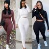 Fashion Tracksuit Women Turtleneck Long Sleeve Crop Top+Leggings Matching Set Stretchy Sporty Fitness Casual Outfits Plus Size