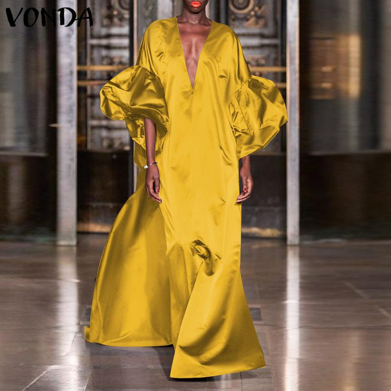 VONDA Весеннее женское элегантное вечернее платье макси с пышными рукавами и глубоким V-образным вырезом, однотонное повседневное свободное длинное платье размера плюс