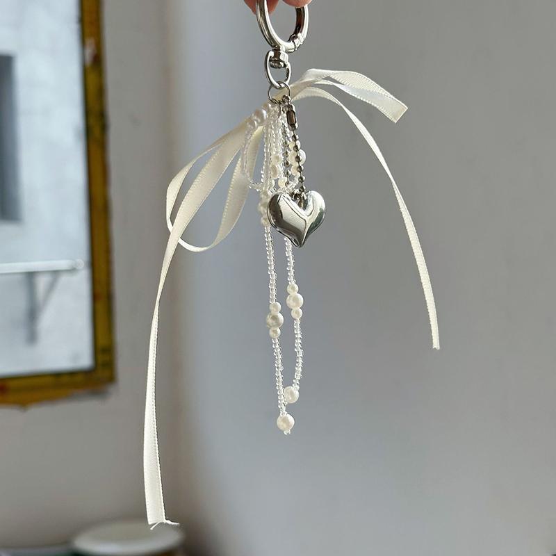 Imitation Pearl Bow Key Ring Ribbon Beaded Keychain Korean Style Hanging Accessories Y2K Heart Bag Pendant School