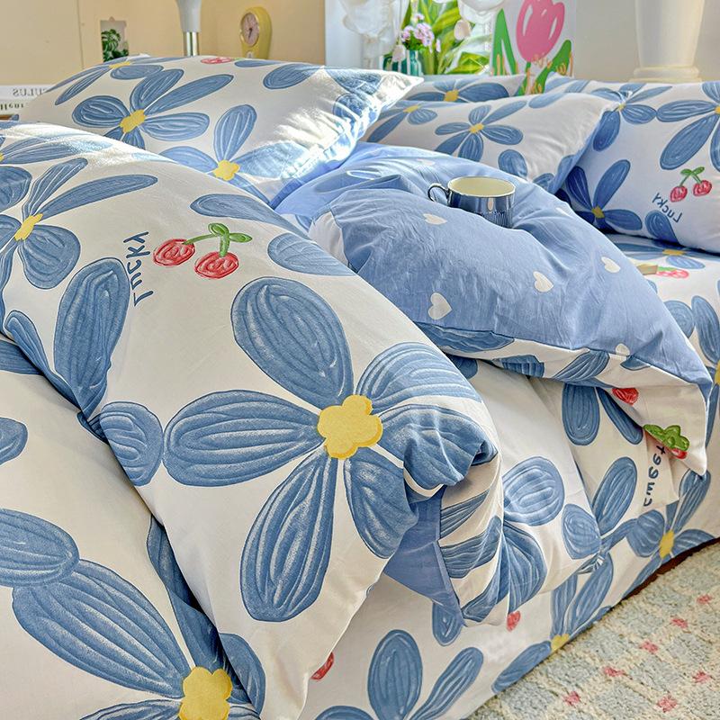 Утолщенный комплект из чистого хлопка, четыре предмета, маленький свежий хлопок, приятный к коже, простыни для сна нагишом, пододеяльник, постельное белье