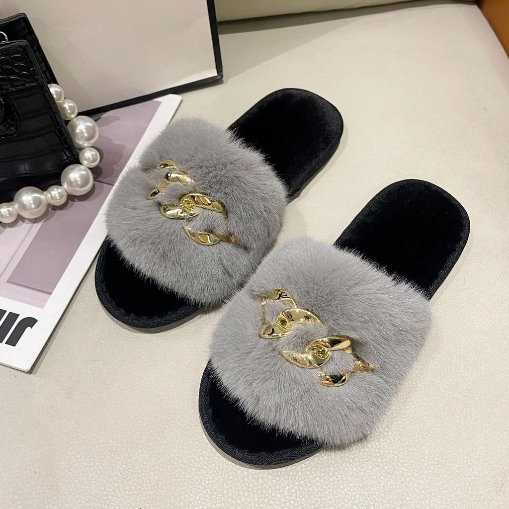 Fashion Chain Design Women Home Slippers Solid Color Open Toe Indoor Winter Flat Non-slip Leisure Interior Female Shoes 2025