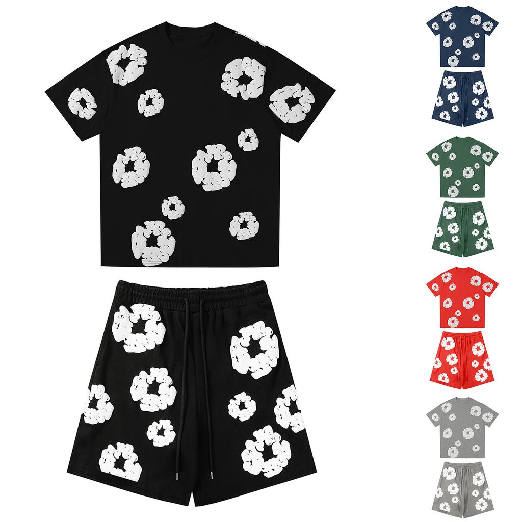 Женская и мужская повседневная свободная футболка с принтом и шорты, состоящая из двух частей, тренд уличной моды, с короткими рукавами + шорты