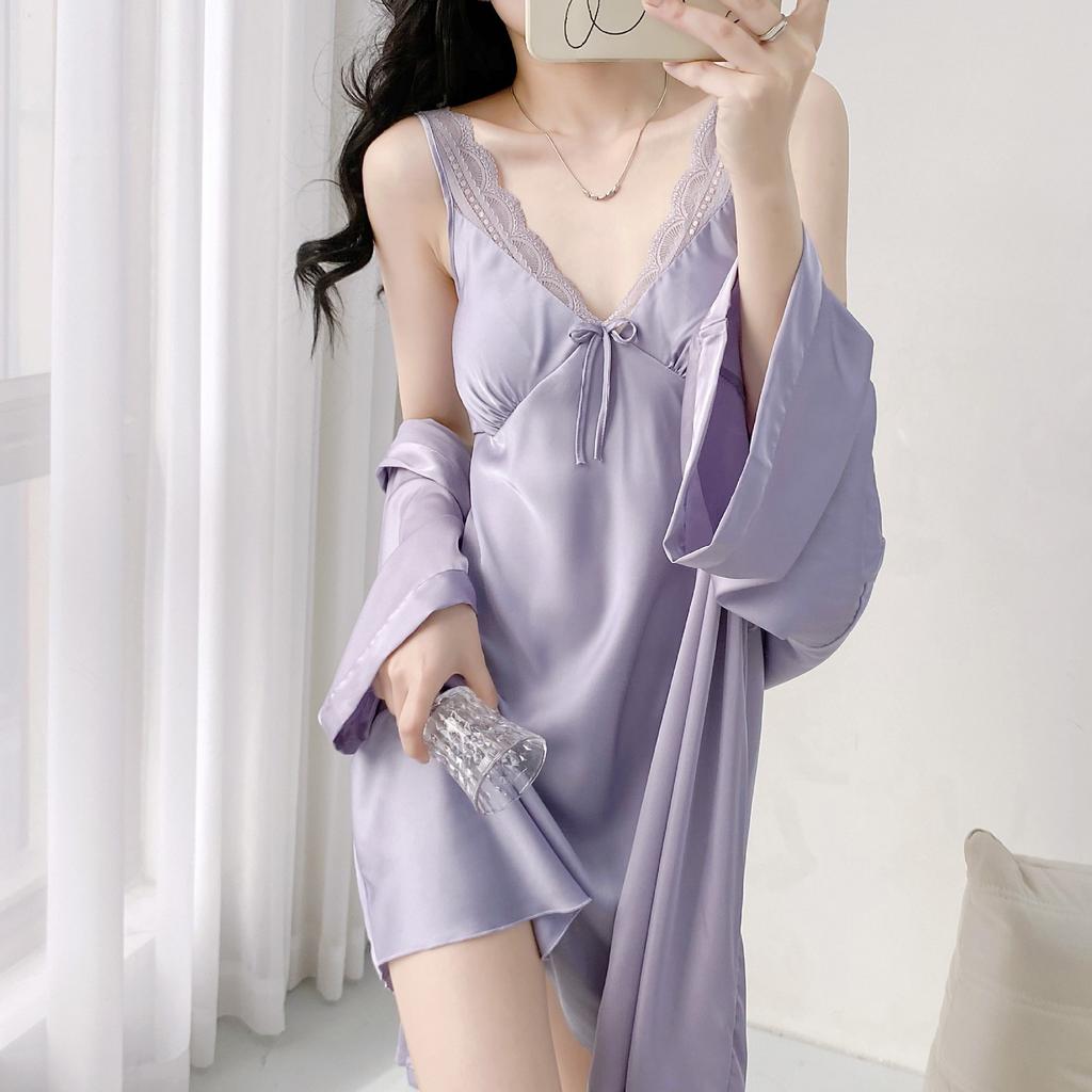 Сексуальный кружевной бант с бантом на бретельках ночная рубашка халат костюм невесты свадебное платье комплект женщин элегантная ночная рубашка весна осень новый кимоно халат
