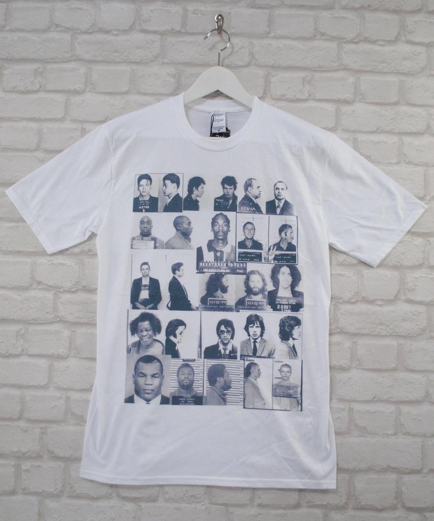 Actual Fact Mug Shot Elvis Snoop Dogg Tyson Bowie White Crew Neck Tee T-shirt