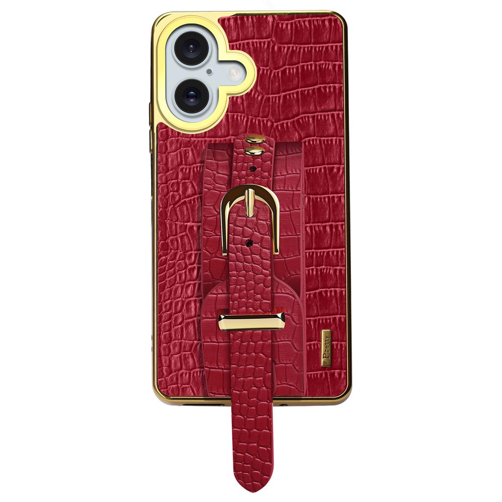 For iPhone 16 Case Crocodile Texture PU Leather+TPU Electroplating Phone Cover Wristband Kickstand - White