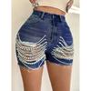 Джинсовые шорты женские летние новые с высокой талией и тонкие рваные шорты ручной работы с цепочкой из бисера для женщин