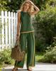 Bohemian style small fresh contrasting color trimmed loose wide-leg pants two-piece set floral pattern print