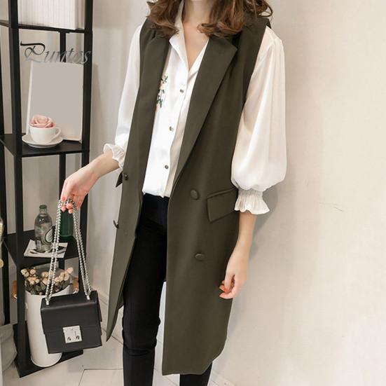 Осень-весна женский жилет с отложным воротником двубортный свободный без рукавов до колена карманы кардиган сплошной цвет повседневная одежда жилет пальто