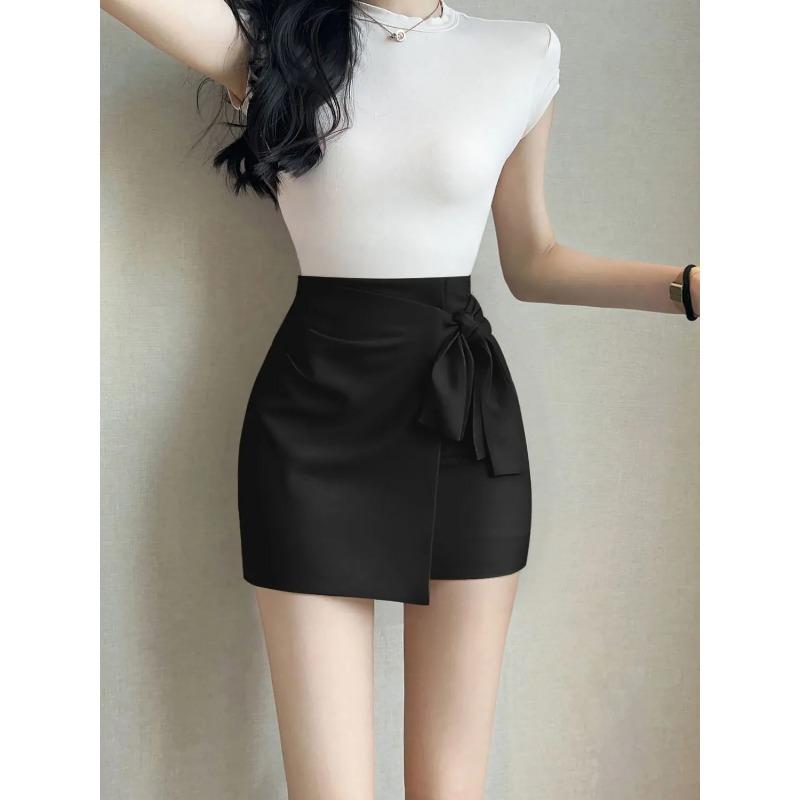 Women High Waist Wrap Skort With Side Tie Knot Detail