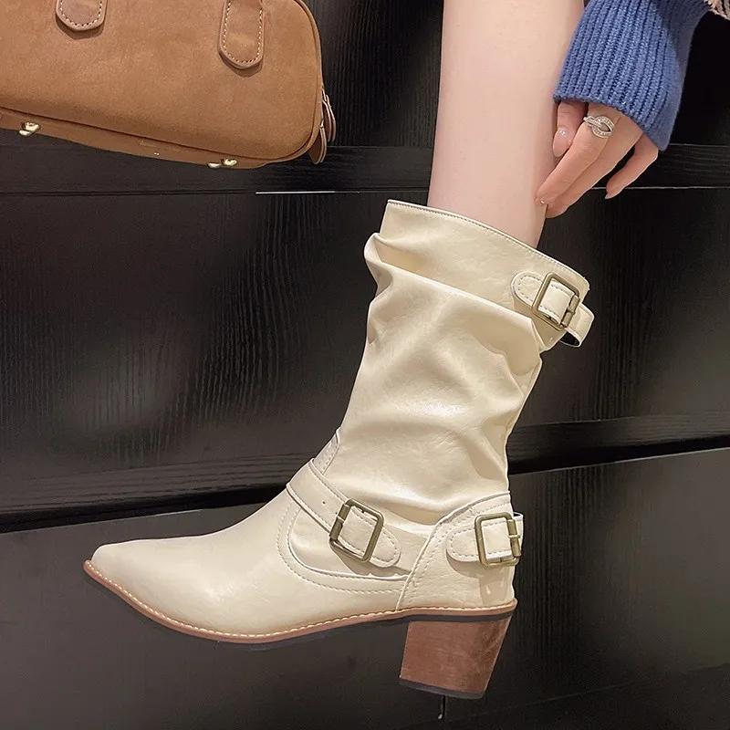 Fashion 2025 New Versatile Pointed Toe Single Boots Women Spring and Autumn New Retro Metal Buckle Soft Leather High Heel Mid-leg Boots