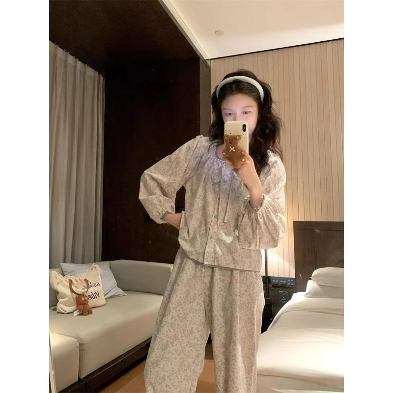 Pajamas for Women, Autumn and Winter, Korean Version, Sweet Lace, Floral Light, Velvet Core, Home Clothes, 2pc Set for Students