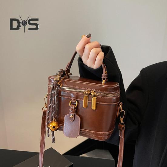 Crossbody Bag Bucket Shape Faux Leather Bell Rope Decor Handbag Vintage Zipper Closure Smooth Surface Shoulder Bag for Work Party Travel