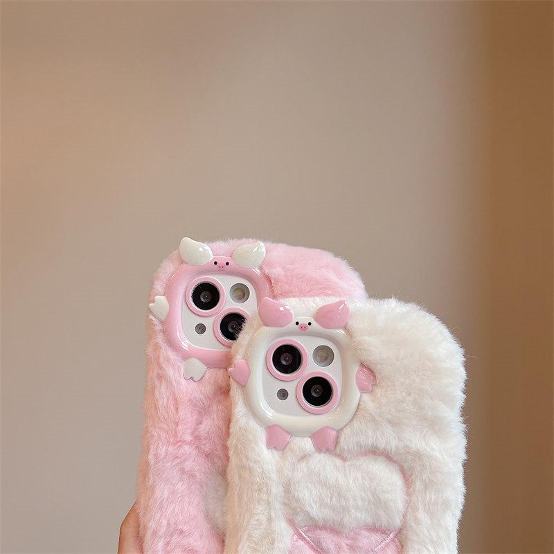 Осенне-зимний плюшевый чехол для объектива с рисунком свиньи в оправе для телефона iPhone 15 14 13 12 11 Pro Max, универсальный защитный чехол от падения