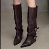 White High-heeled Trouser Boots Women's Thick-heeled Pointed-toed Knee-length Boots Belt-buckle High Boots