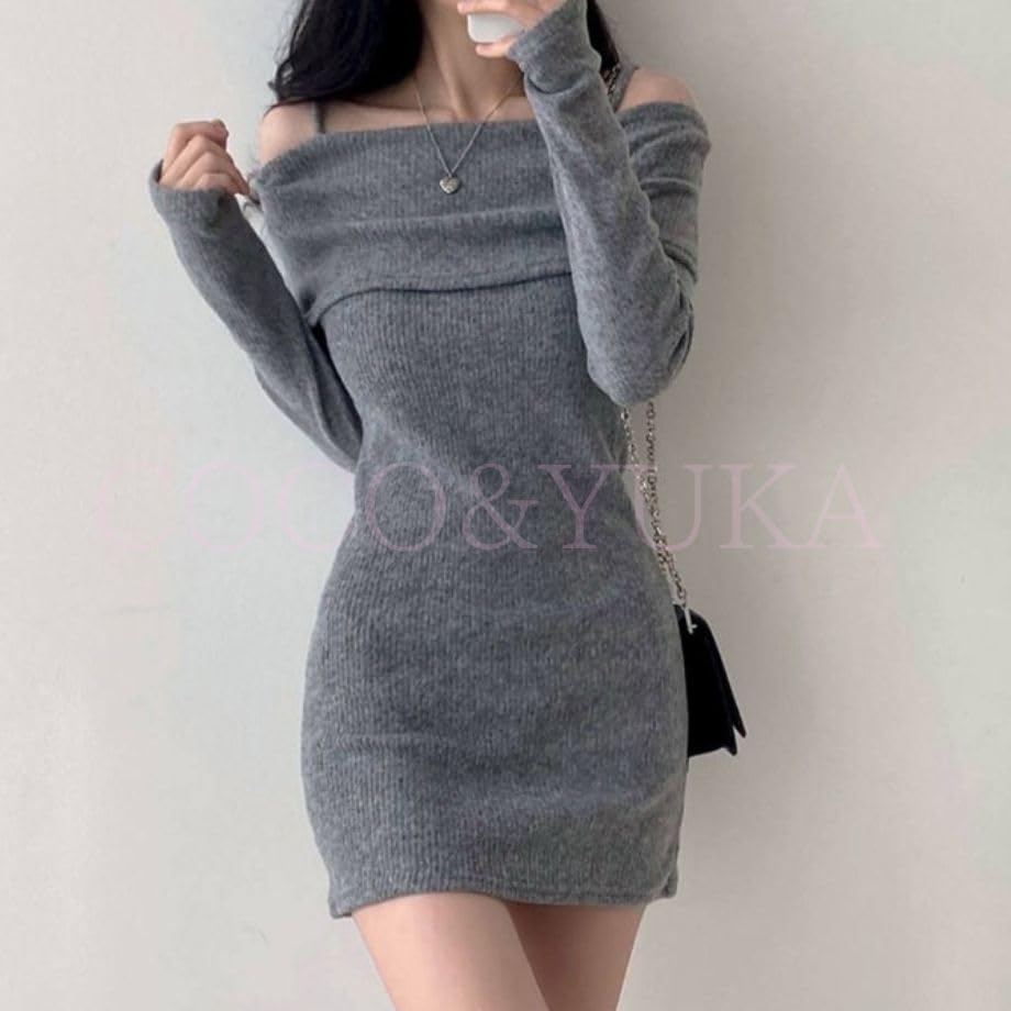 Коко Юка Вязаное Облегающее Мини Сексуальное Платье-Туника с Длинными Бретелями на Плечах Размер и Платье с Открытыми Плечами, Рукава, С Открытыми Плечами, Милое, Женское,