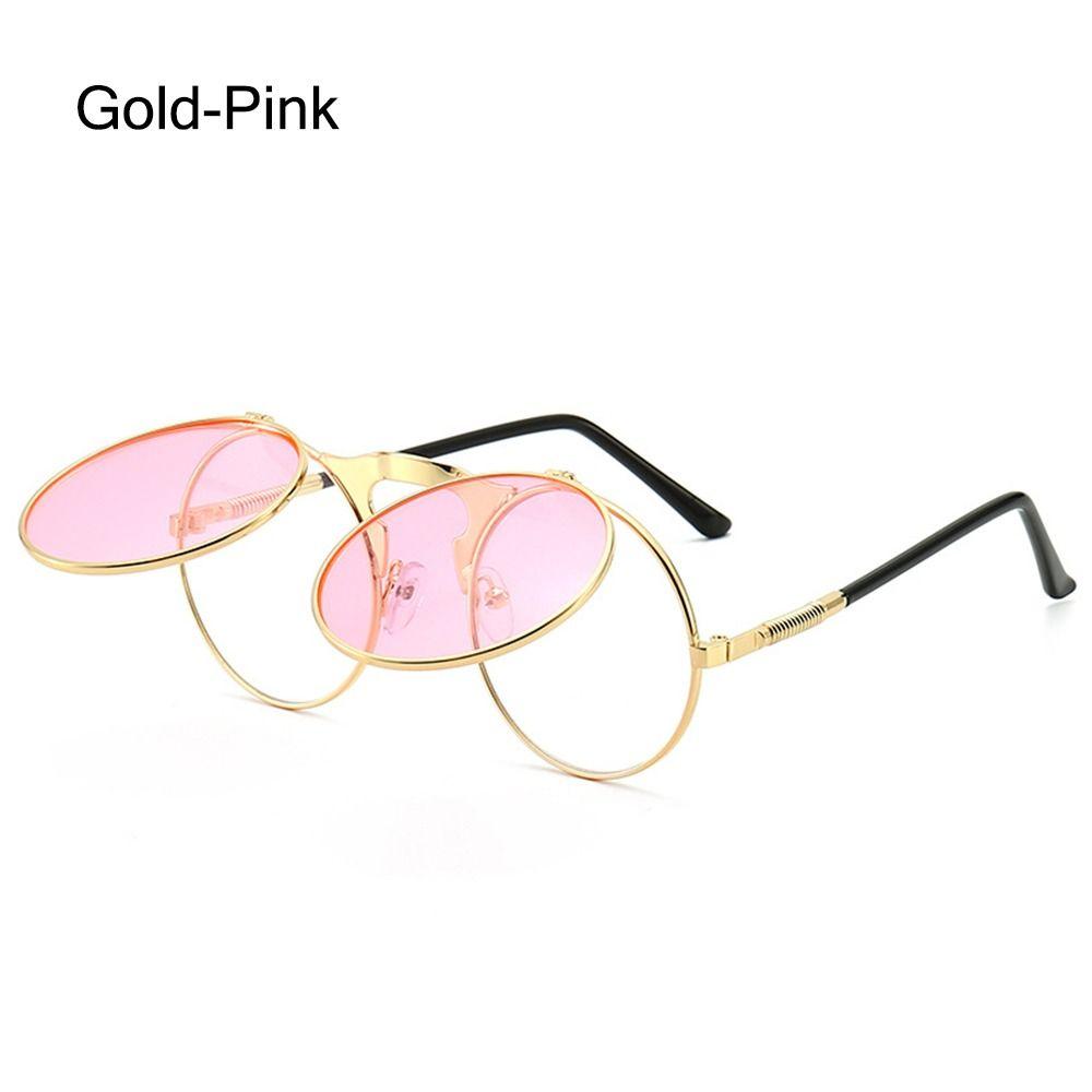 Ретро Очки-флип раунд Мужские Женские Металлические Стиль Стимпанк Солнцезащитные очки Мужские Женские Двойные Круглые Прозрачные Линзы Очки
