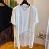 Women T-shirt Round Neck Short Sleeve Mid-length Tops Solid Color Side Slit Design Lace Splicing Tee Shirt Daily Wear