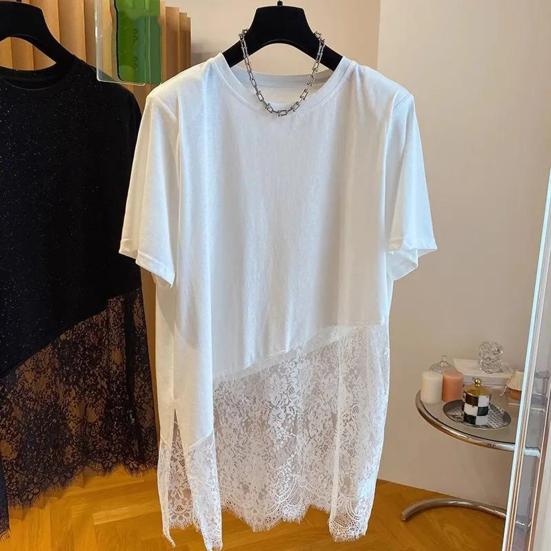 Women T-shirt Round Neck Short Sleeve Mid-length Tops Solid Color Side Slit Design Lace Splicing Tee Shirt Daily Wear