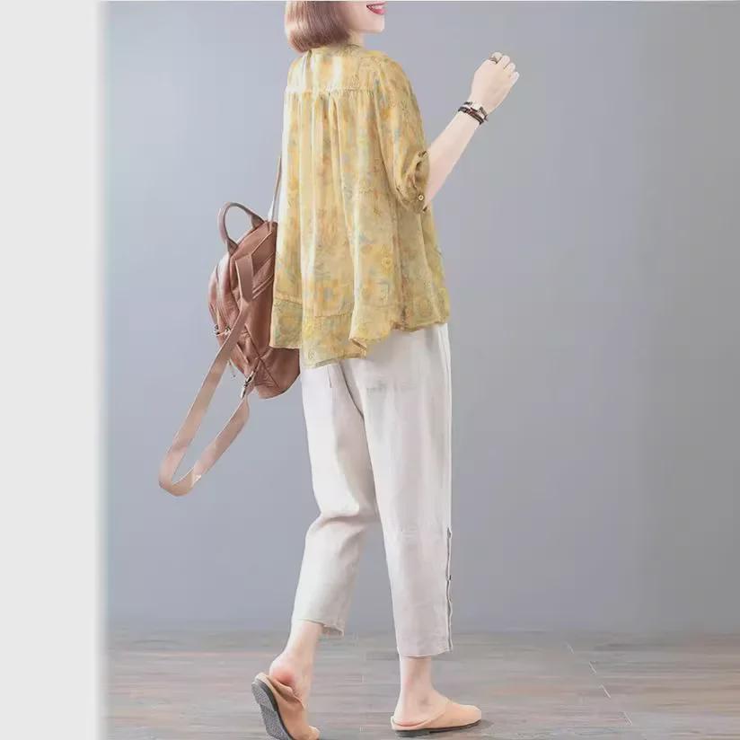 Женский летний костюм-двойка из хлопка и льна с цветочным принтом и короткими рукавами 2023 года — свободный крой, облегающее платье в корейском стиле