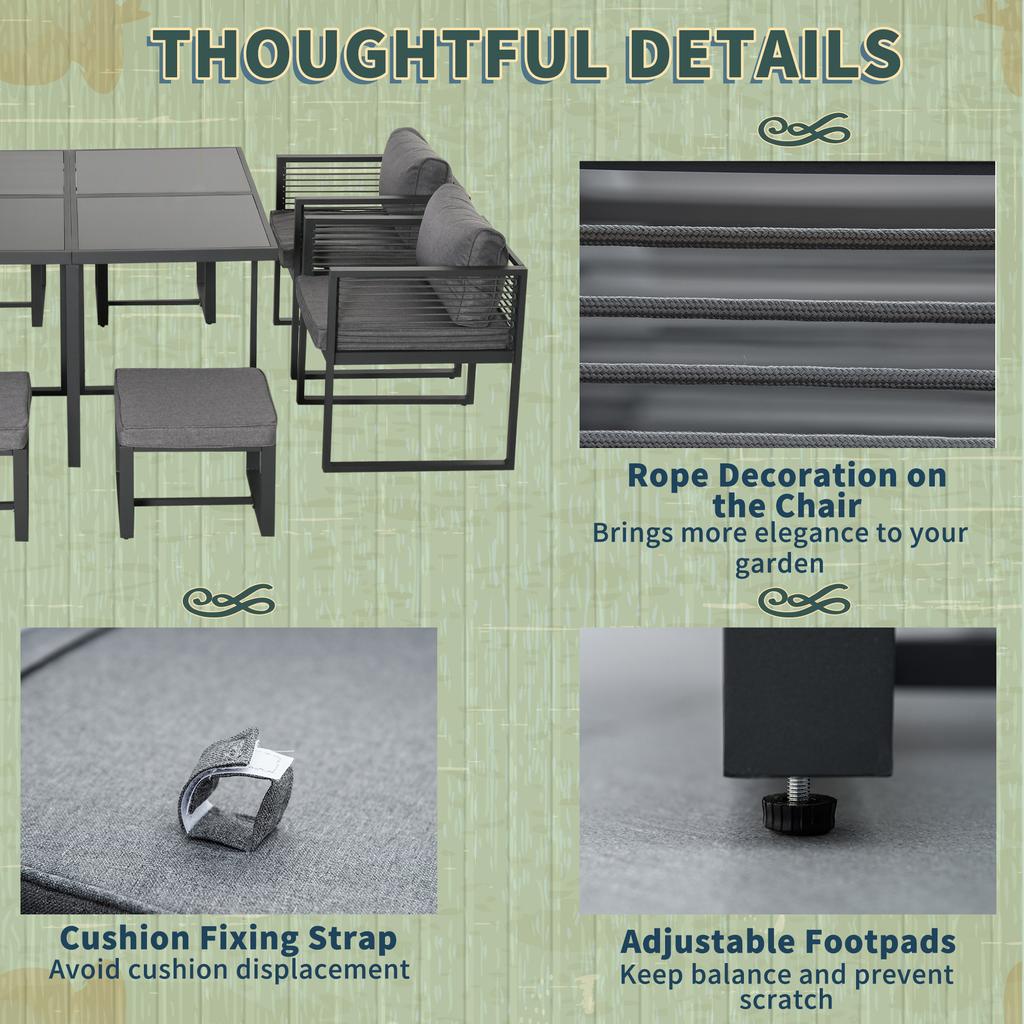 Nine-Piece Aluminium Garden Set, with Glass-Top Table - Grey