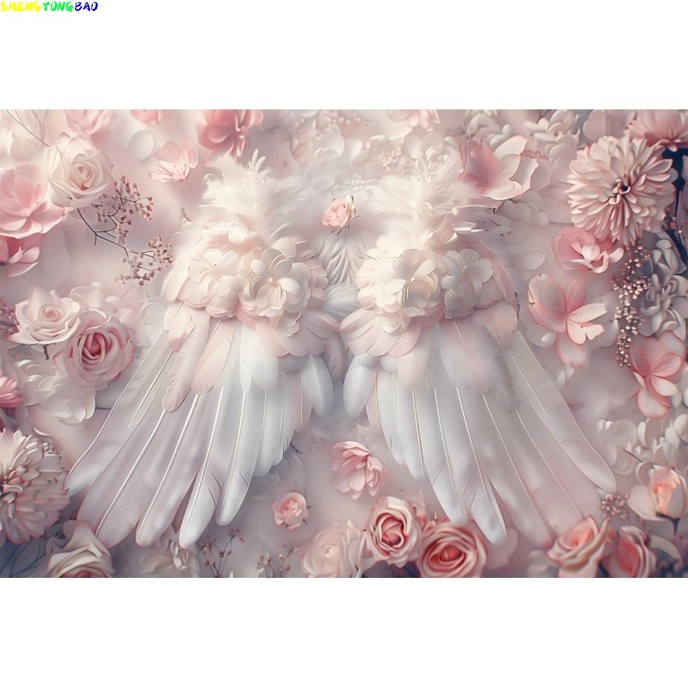 Pink White Art Flowers Butterfly Wing Backgrounds for Photographs Baby Shower Newborn 1st Birthday Party Decor Photo Backdrop