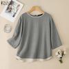 Women Casual Round Neck Loose 3/4 Sleeve Retro Blouse