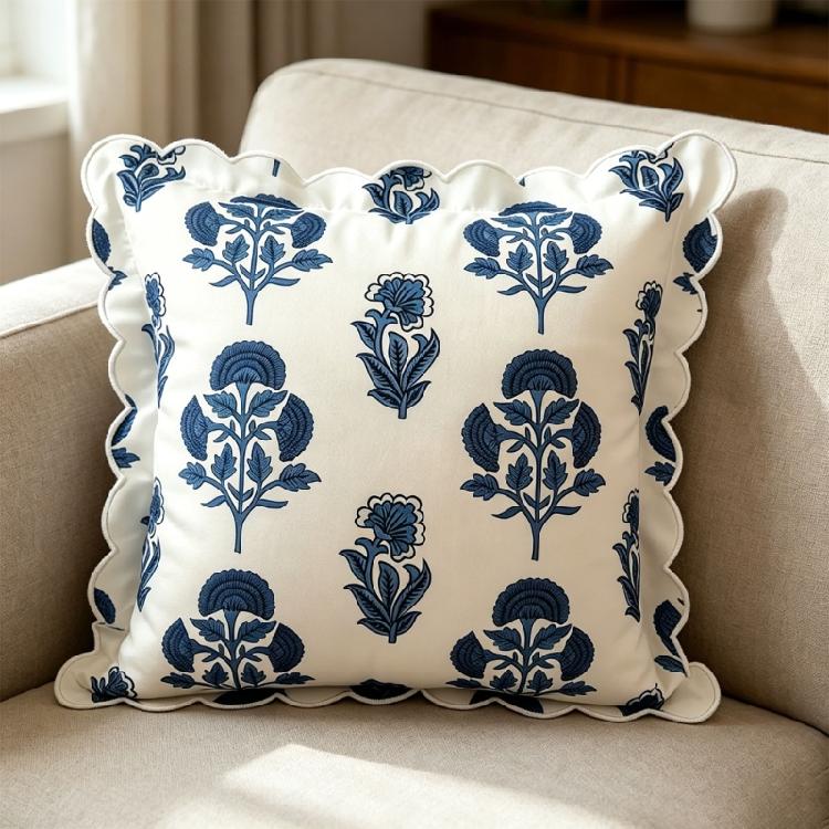 Elegant Blue And White Print Square Pillowcase With Embroidered Accent And Fade Resistant Materials