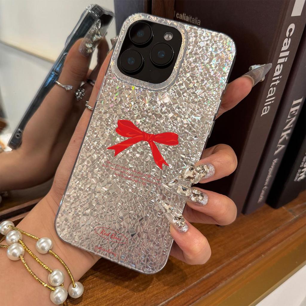 Чехол для iphone 16 Plus 18 Pro Max 13 XR 17 Pro XS Max 11 12 15 14 Air Красный Бант и Фон со Словами Блеск Трещины Фольга Акрил ТПУ Чехол для Телефона