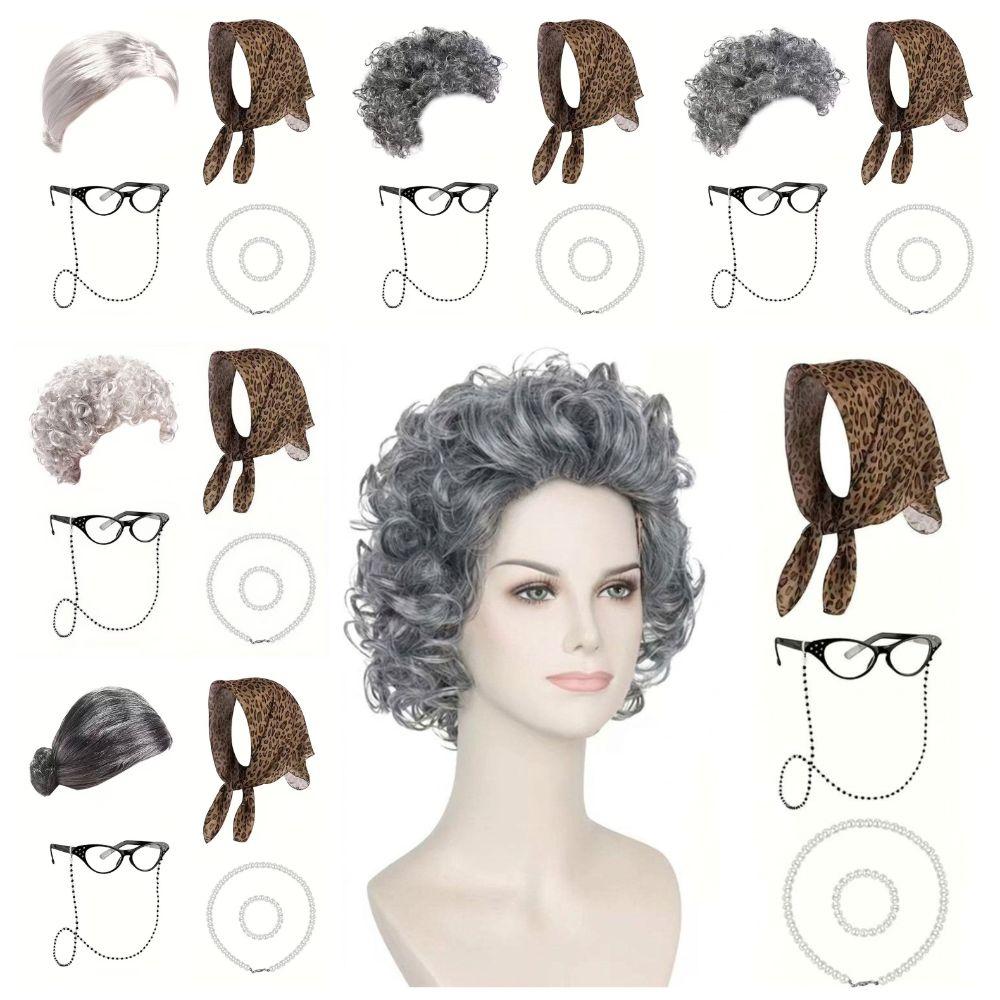 5pcs Pearl Necklace Bracelet Cosplay Grandmother Hairpiece Old Lady Funny Wigs Set Themed Gathering