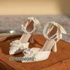 Fashion Elegant Flowers High Heels Pumps Women 2024 New Pearl Ankle Strap Wedding Shoes Woman String Bead Small Square Heel Bridal Shoes