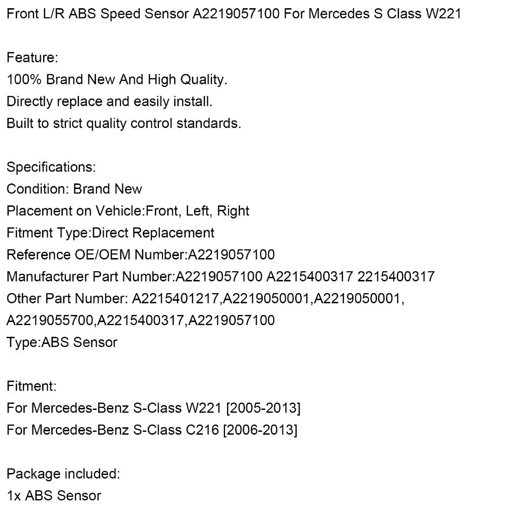 Areyourshop Передний левый/правый датчик скорости ABS A2219057100 для Mercedes S-класса W221