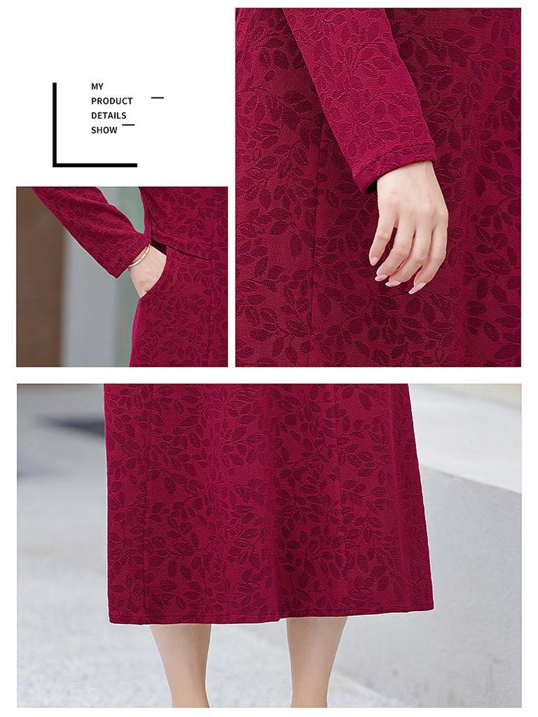 Мамино платье средней длины большого размера с флисовой подкладкой для весны и осени - Приталенный стиль для женщин среднего и пожилого возраста